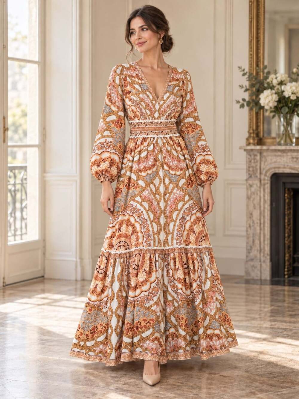 Bohme Orange Paisley Smocked Maxi Dress Long Balloon Sleeve Boho Small